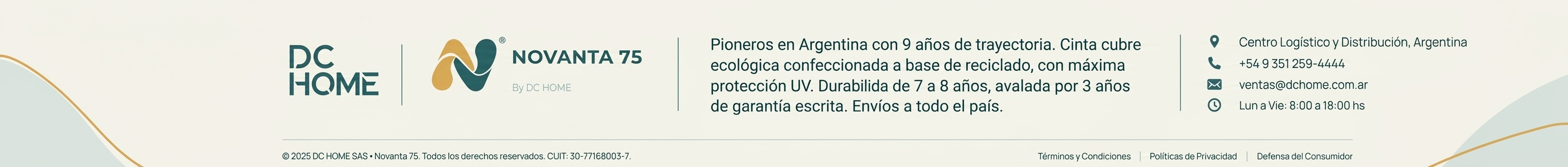 Banner institucional de DC HOME y NOVANTA 75 con descripción, contactos e información legal.